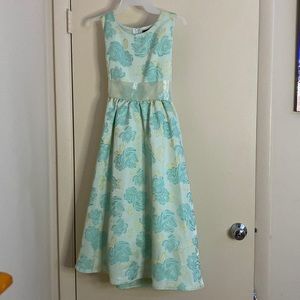 It’s a mint green/light blue and beige dress, never has been worn